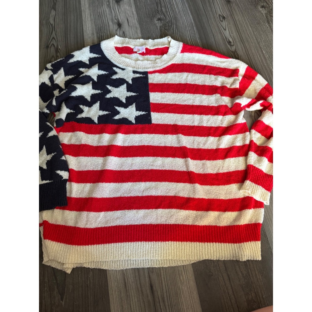 Pink Lily American Flag Stars and Stripes Boucle Knit Sweater Small